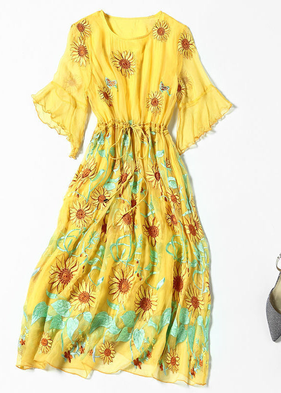 Women Yellow Daisy Embroideried Tie Waist Silk Vacation Dresses Flare Sleeve LY1002