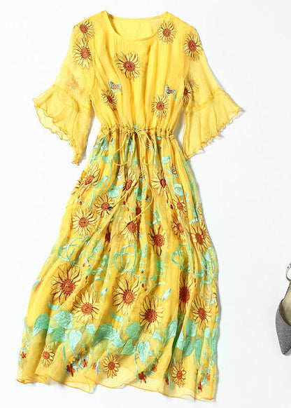 Women Yellow Daisy Embroideried Tie Waist Silk Vacation Dresses Flare Sleeve LY1002