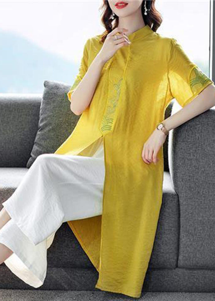 Women Yellow Embroideried Side Open Linen Two Piece Set Spring FR2032