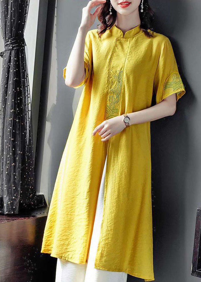 Women Yellow Embroideried Side Open Linen Two Piece Set Spring FR2032