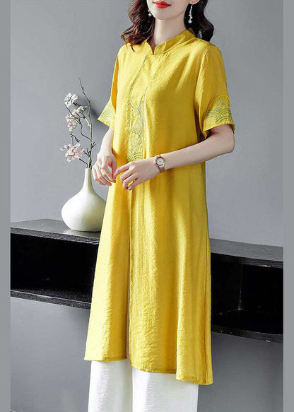 Women Yellow Embroideried Side Open Linen Two Piece Set Spring FR2032