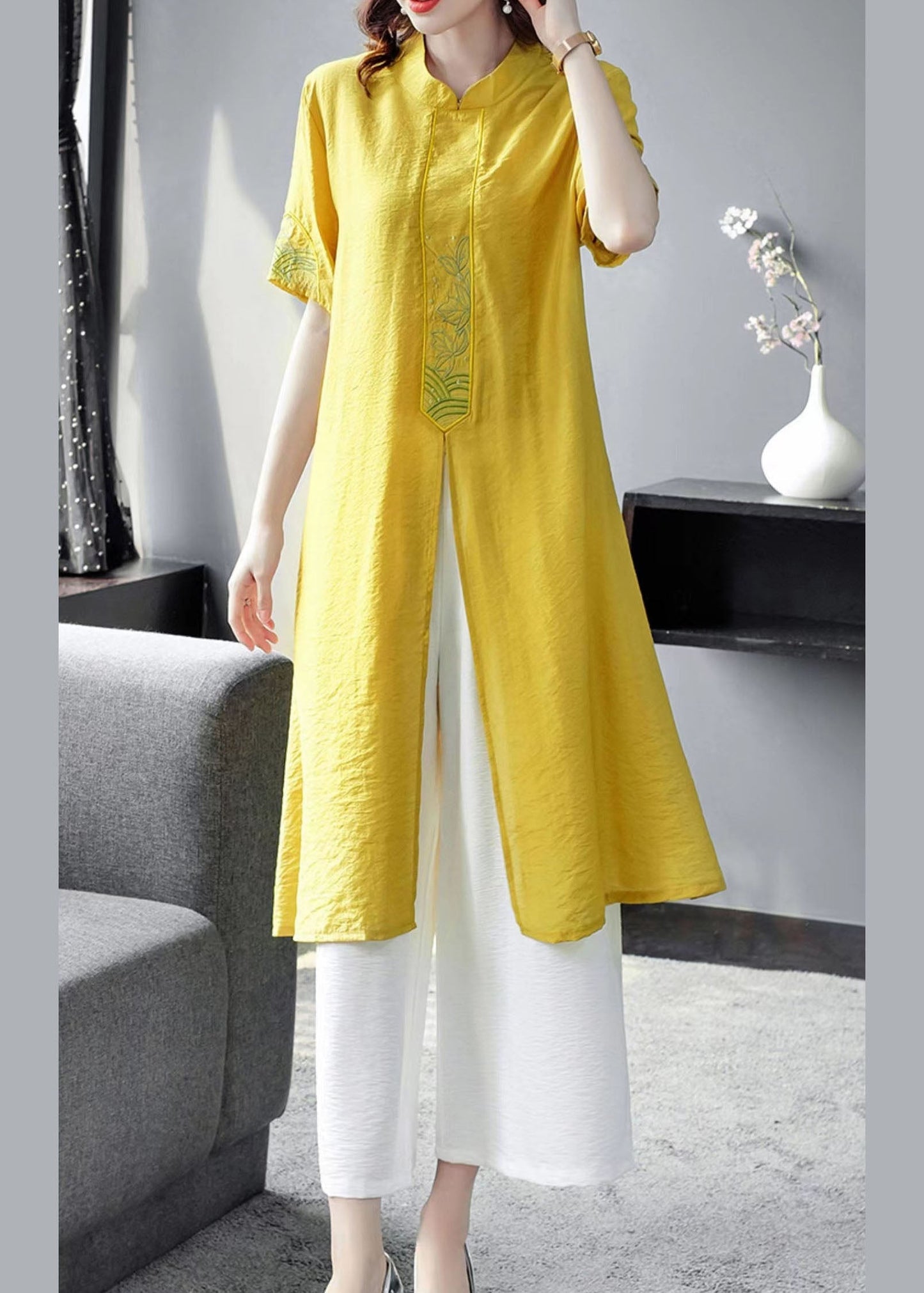 Women Yellow Embroideried Side Open Linen Two Piece Set Spring FR2032