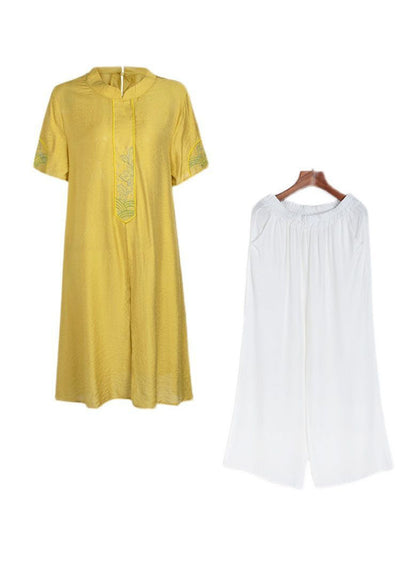 Women Yellow Embroideried Side Open Linen Two Piece Set Spring FR2032