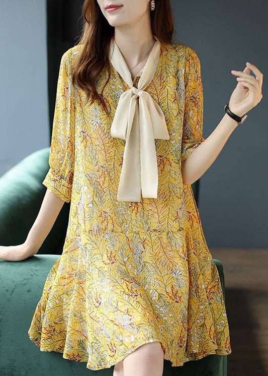 Women Yellow Lace Up Patchwork Print Chiffon Party Dress Summer LC0091