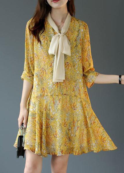Women Yellow Lace Up Patchwork Print Chiffon Party Dress Summer LC0091