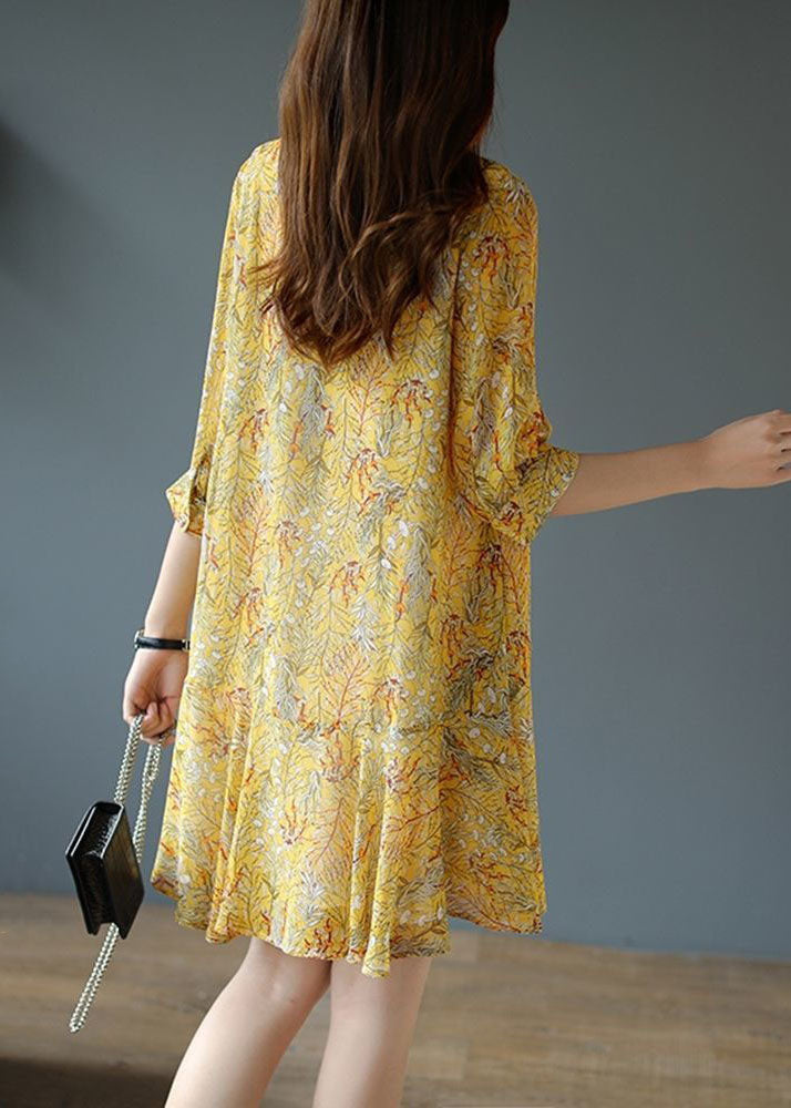 Women Yellow Lace Up Patchwork Print Chiffon Party Dress Summer LC0091