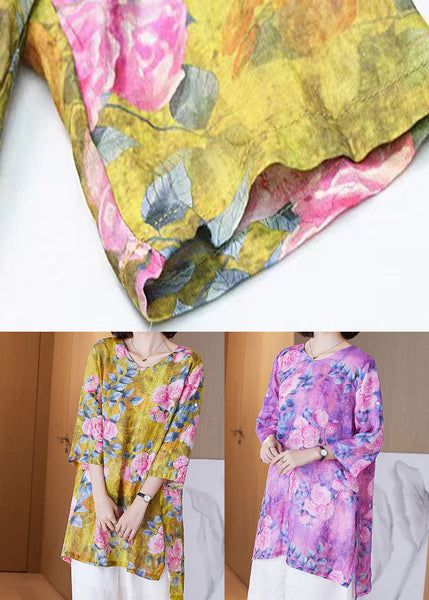 Women Yellow O Neck Print Side Open Patchwork Linen Shirt Tops Summer TF1043