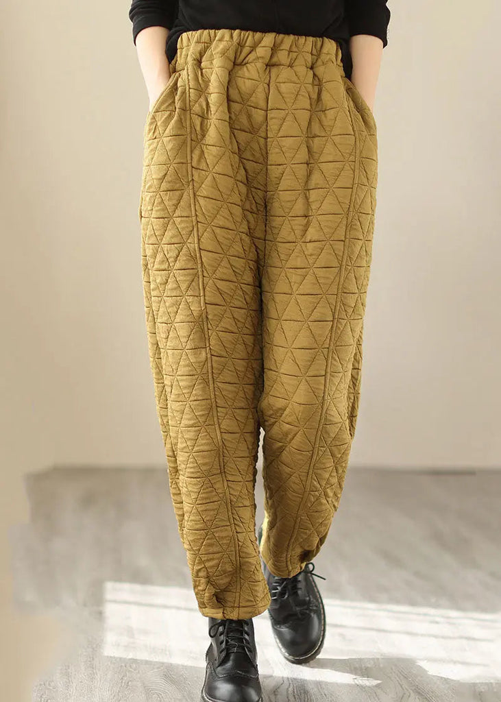 Women Yellow Pockets Plaid Patchwork Fleece Pants Winter Ada Fashion