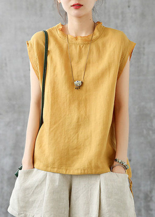 Women Yellow Stand Collar Drawstring Linen Tanks Short Sleeve TG1013