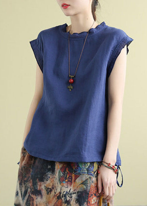 Women Yellow Stand Collar Drawstring Linen Tanks Short Sleeve TG1013