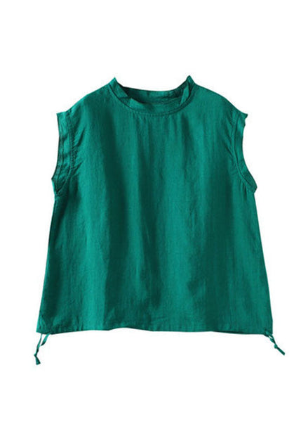 Women Yellow Stand Collar Drawstring Linen Tanks Short Sleeve TG1013