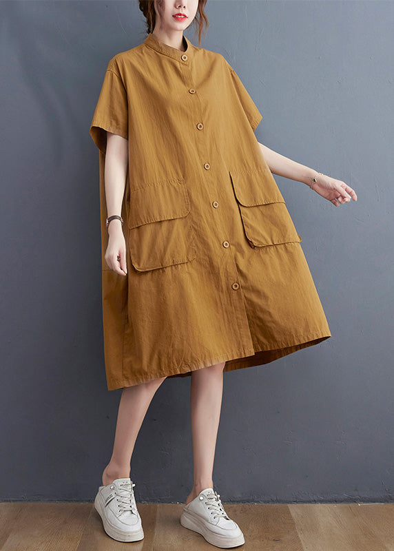 Women Yellow Stand Collar Patchwork Button Cotton Long Shirts Dress Short Sleeve AC2085