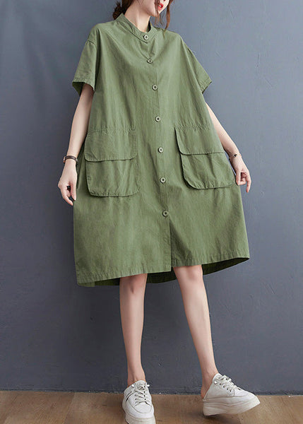 Women Yellow Stand Collar Patchwork Button Cotton Long Shirts Dress Short Sleeve AC2085