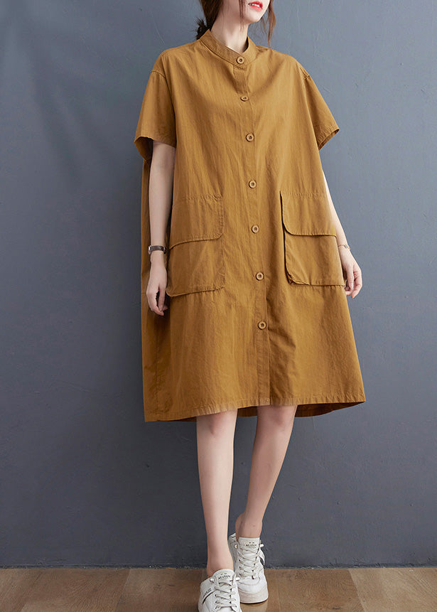 Women Yellow Stand Collar Patchwork Button Cotton Long Shirts Dress Short Sleeve LY0661