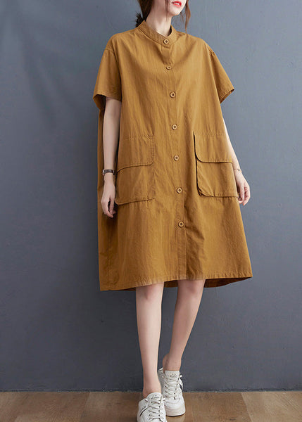 Women Yellow Stand Collar Patchwork Button Cotton Long Shirts Dress Short Sleeve AC2085