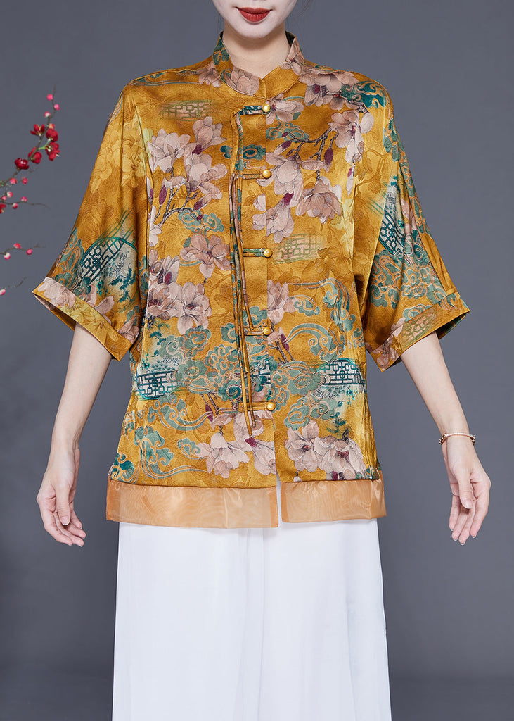 Women Yellow Stand Collar Patchwork Tassel Silk Blouses Half Sleeve LY1856