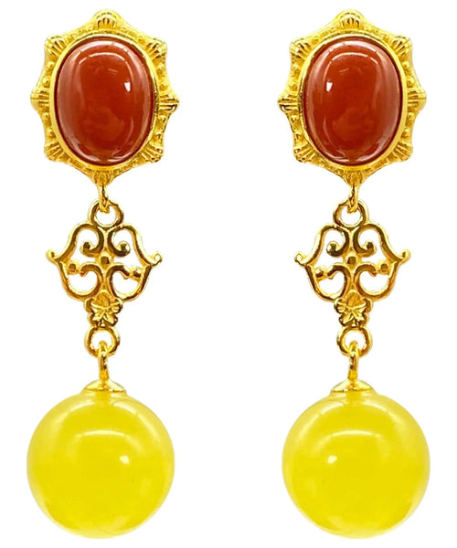 Women Yellow Sterling Silver Overgild Agate Beeswax Drop Earrings Ada Fashion