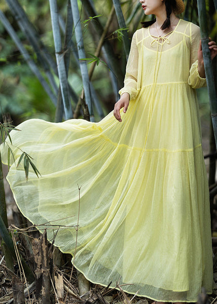 Women Yellow V Neck Patchwork Chiffon Vacation Long Dresses Spring LY1787