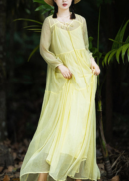 Women Yellow V Neck Patchwork Chiffon Vacation Long Dresses Spring LY1787
