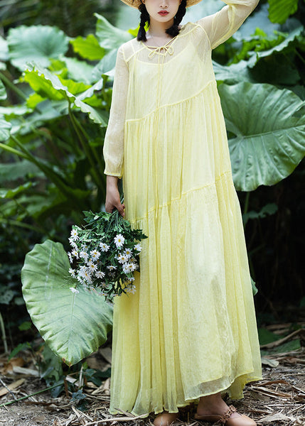 Women Yellow V Neck Patchwork Chiffon Vacation Long Dresses Spring LY1787