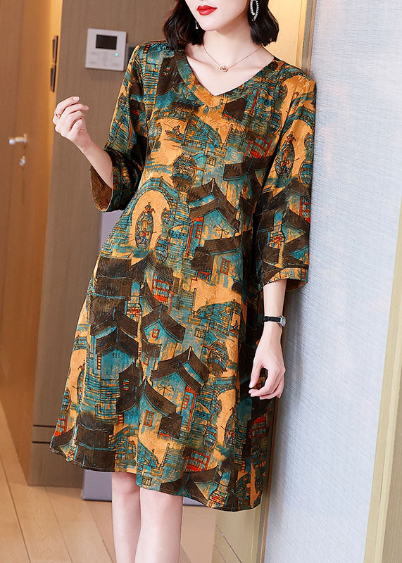 Women Yellow V Neck Print Patchwork Cotton Dresses Summer TF1009