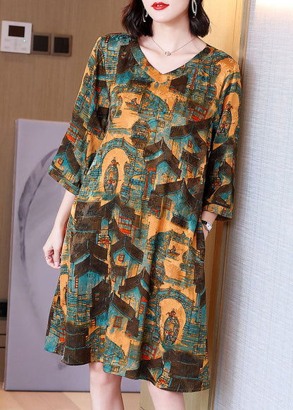 Women Yellow V Neck Print Patchwork Cotton Dresses Summer TF1009