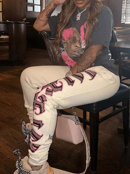 Pocket Design Pattern Figure Print Letter Skinny Two-piece Pants Set BO2119