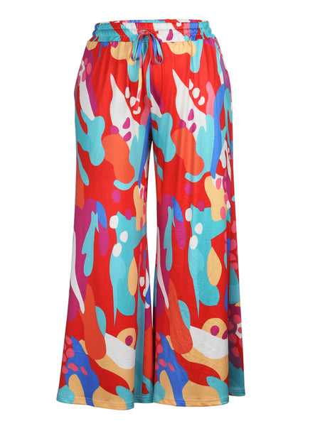 Plus Size Mixed Print Drawstring Wide Leg Pants AT8057