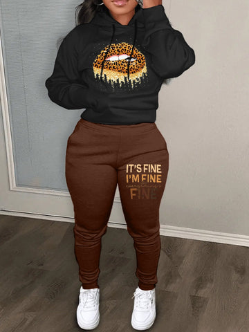 Plus Size Lip Letter Print Kangaroo Pocket Tracksuit Set BO2117