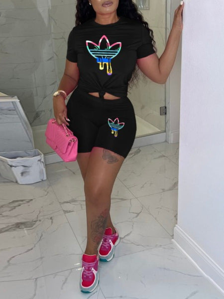 Round Neck Letter Print Shorts Set AR70133