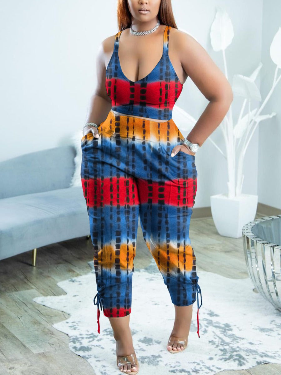 Plus Size Cami Tie Dye Side Tie Pants Set AR5059
