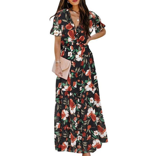 Short-Sleeve Floral A-Line Maxi Dress CG6