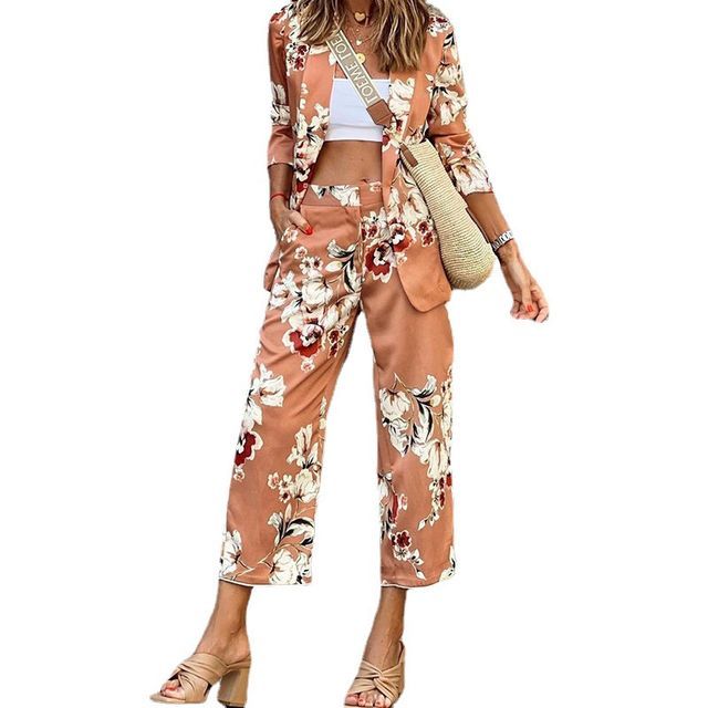 Set: 3/4-Sleeve Floral Blazer + Wide Leg Cropped Pants YR4059