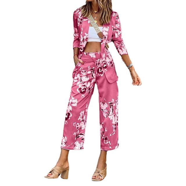 Set: 3/4-Sleeve Floral Blazer + Wide Leg Cropped Pants YR4059