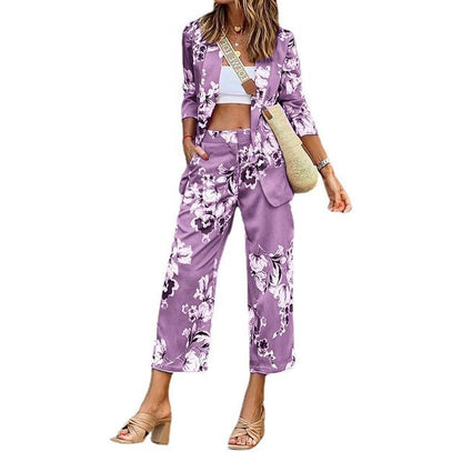 Set: 3/4-Sleeve Floral Blazer + Wide Leg Cropped Pants YR4059