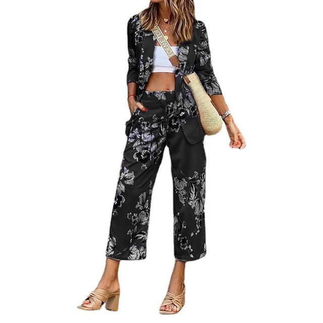 Set: 3/4-Sleeve Floral Blazer + Wide Leg Cropped Pants YR4059