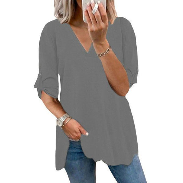 Elbow-Sleeve V-Neck Blouse YR4050