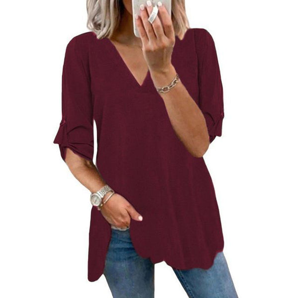 Elbow-Sleeve V-Neck Blouse YR4050