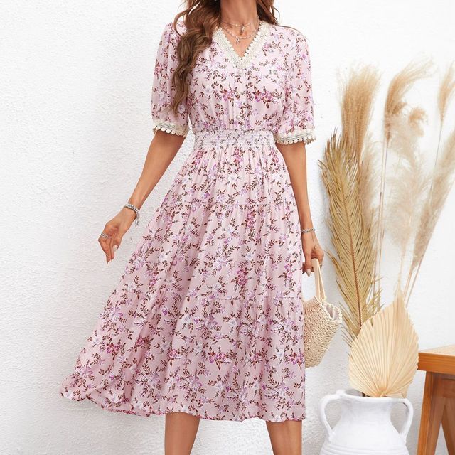 Short-Sleeve V-Neck Floral Midi A-Line Dress FR1061