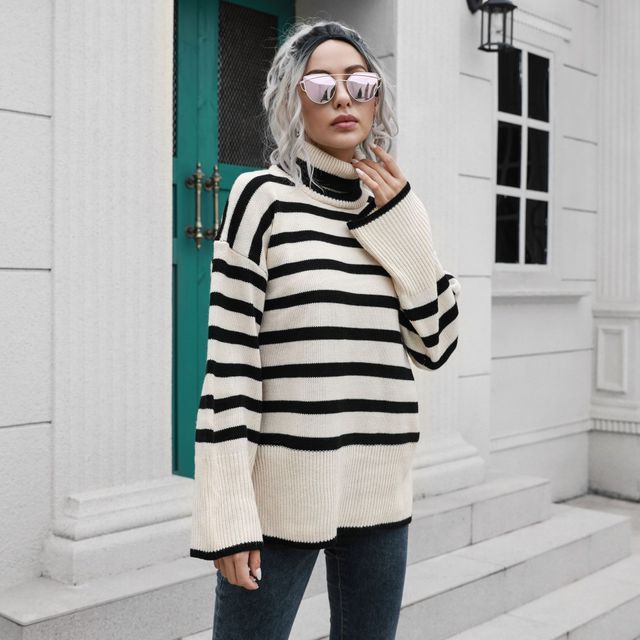 Turtleneck Striped Slit Sweater FR1022