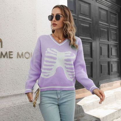 V-Neck Skeleton Jacquard Sweater FR1024