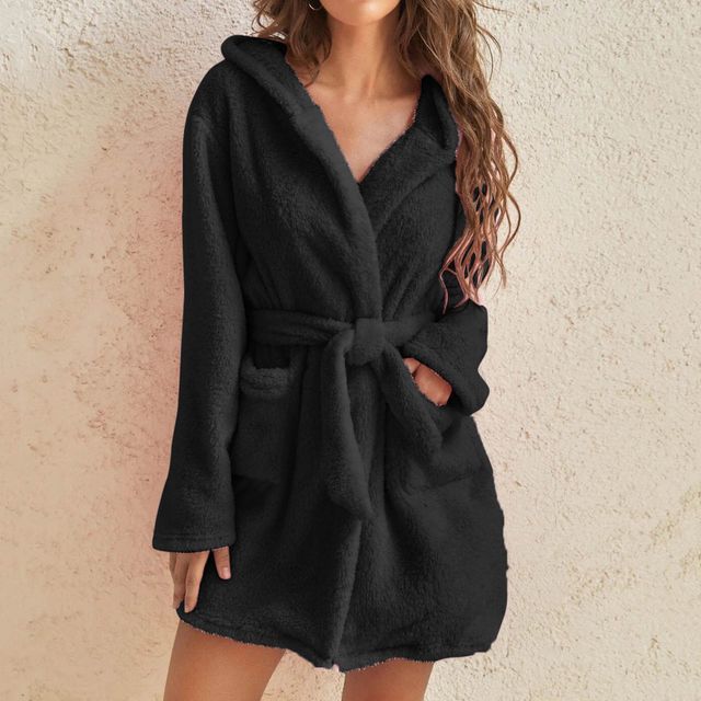 Plain Tie-Waist Fleece Pajama Robe vb54