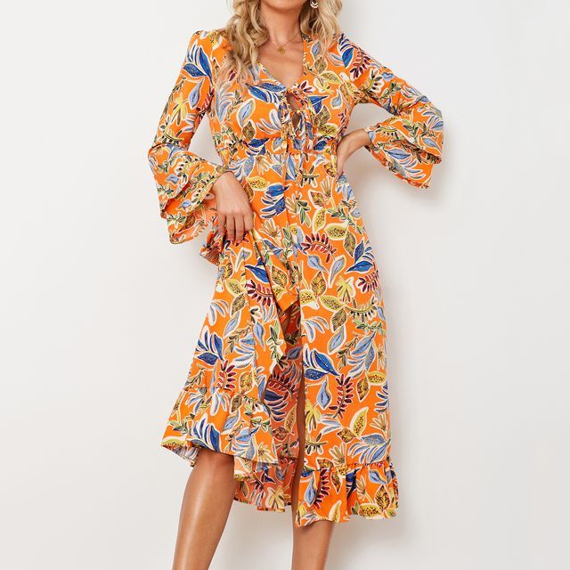 Flared-Sleeve Leaf Print Midi A-Line Dress vb48