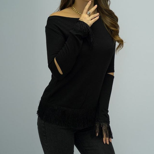 Long-Sleeve Off-Shoulder Plain Fringed Tee CA1063