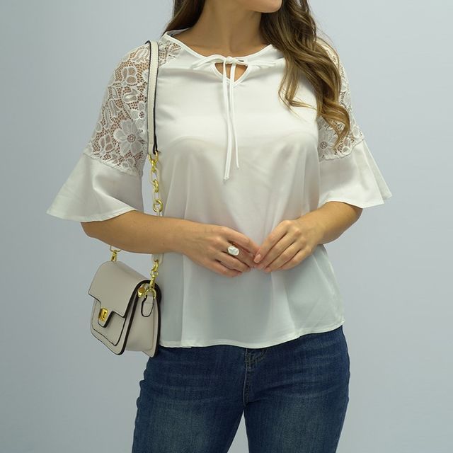 Short-Sleeve Tie-Neck Plain Lace Panel Blouse CA1072