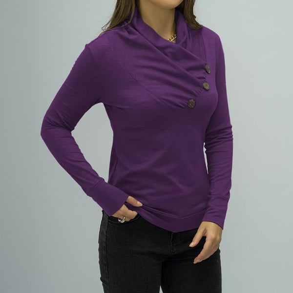 Long-Sleeve Plain Button Accent Slim Fit Tee CA1046
