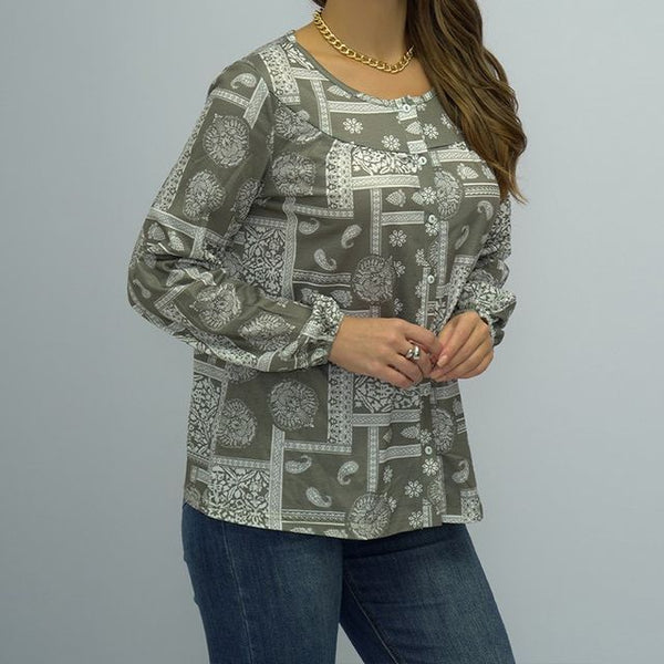 Long-Sleeve Scoop Neck Paisley Print Tee CA1050