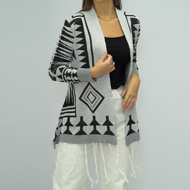 Patterned Fringed Open Front Cardigan CA1064