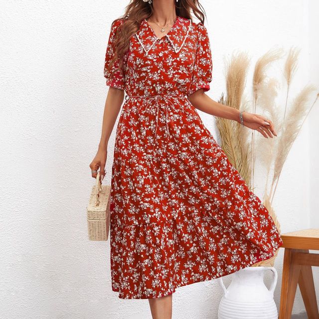 Puff-Sleeve Collar Floral Midi A-Line Dress FR109