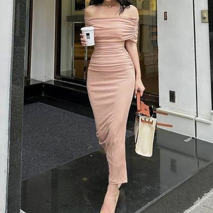 Long-Sleeve Off-Shoulder Plain Ruched Maxi Sheath Dress YR4041